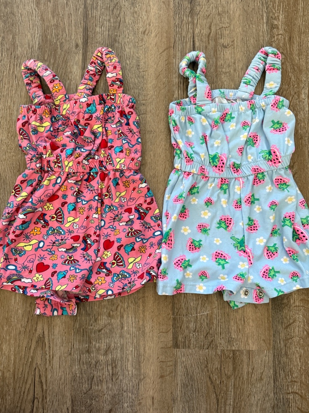 Kidgets Pink Floral & Light Blue Strawberry Romper Pair